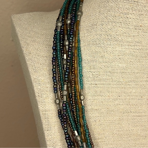 BEADED LAYERED NECKLACE GREEN EARTH TONES SILVER BROWN - Picture 5 of 7